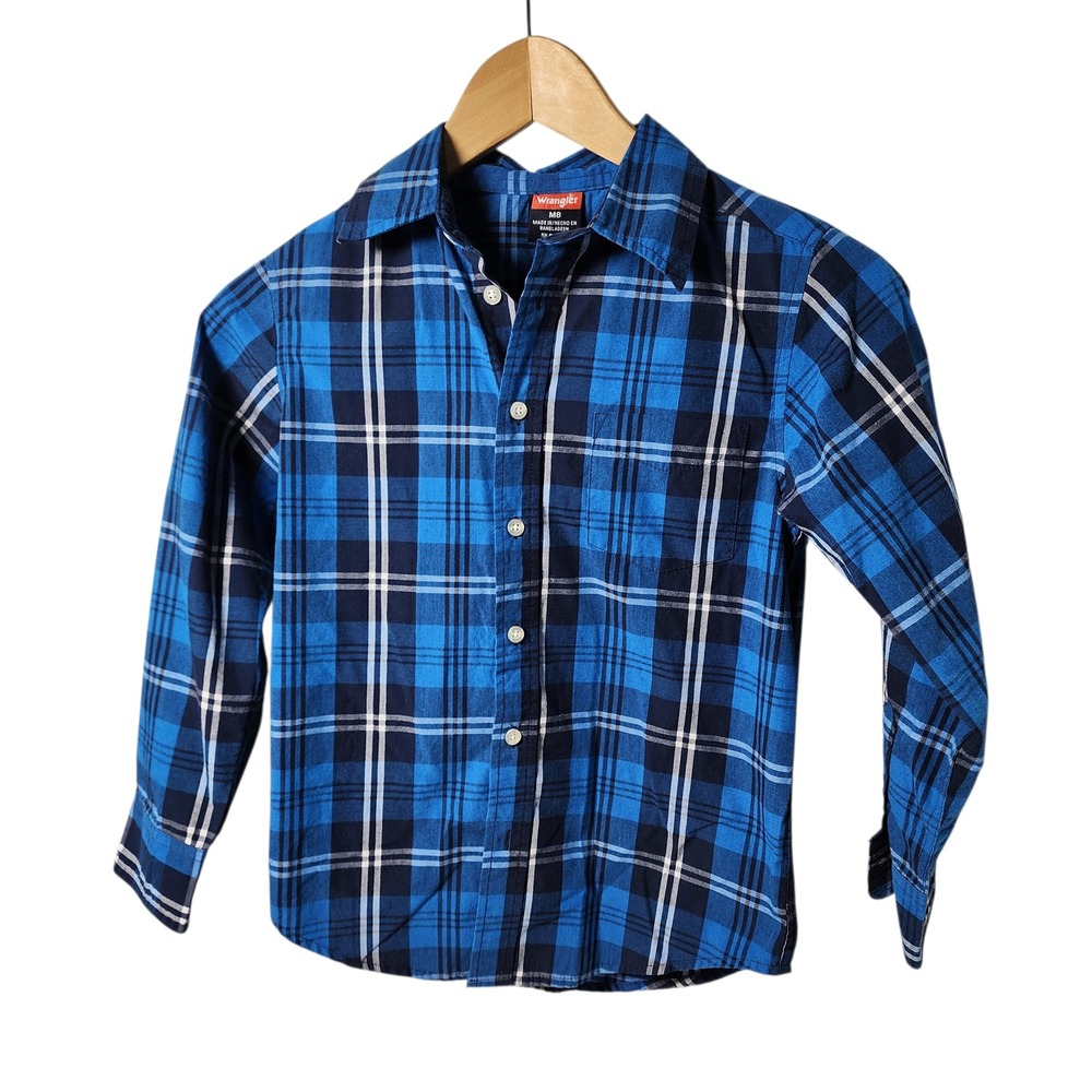Wrangler Kids Long‎ Sleeve Plaid Button Up Shirt Size M 8 Blue
